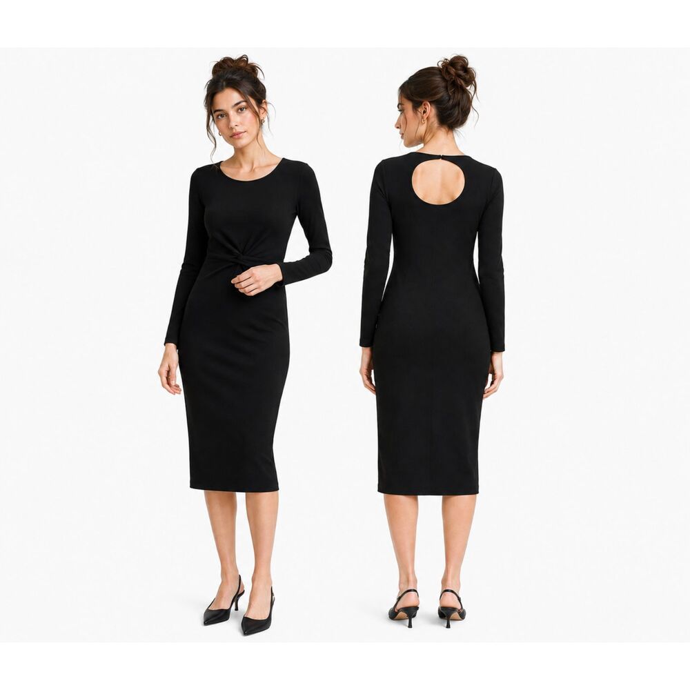 Goldray NEW Camryn Black Long Sleeve Bodycon Midi Dress Quiet Lux Minimalist M